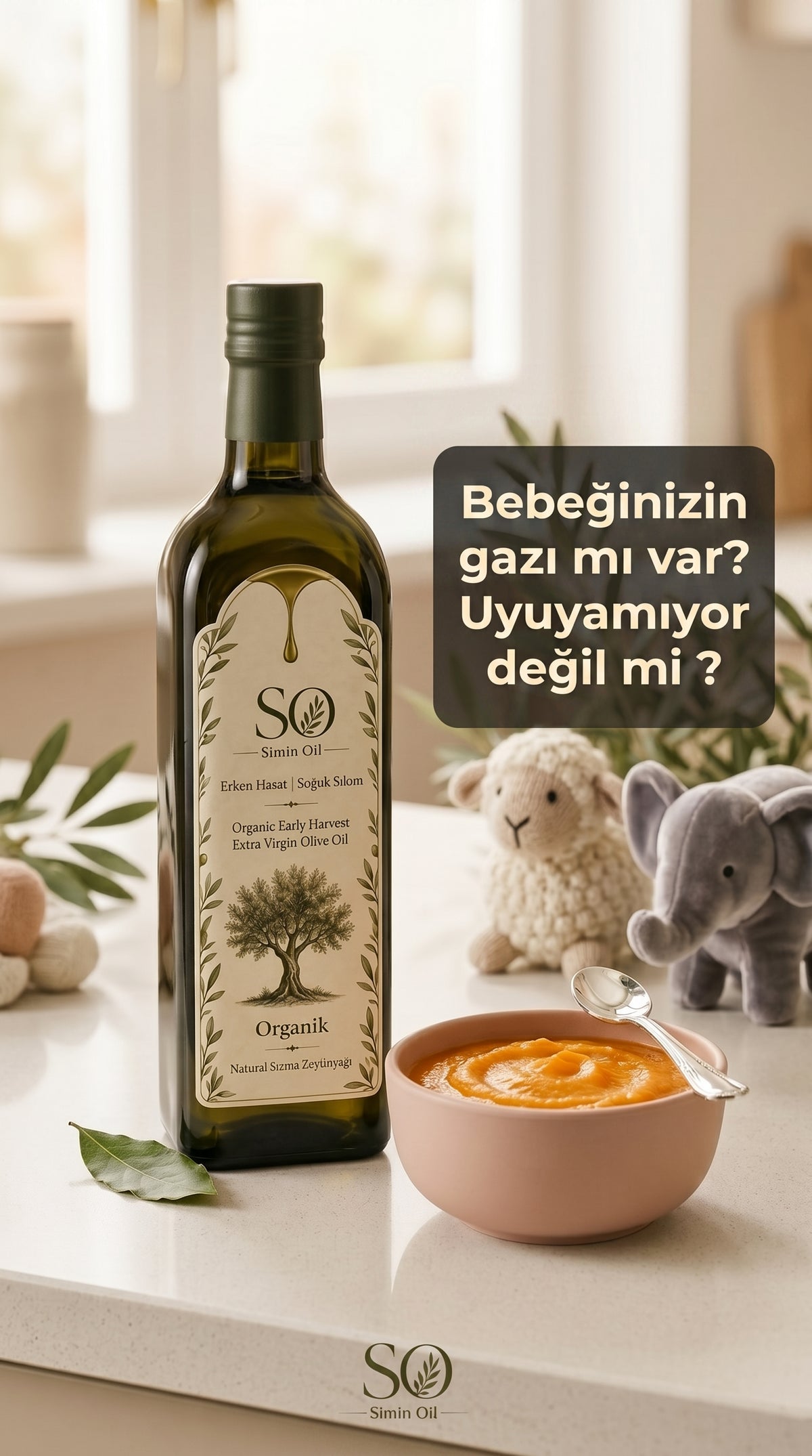SiminBabyOil Organik Natürel Sızma Alaca Hasat Soğuk Sıkım Bebekler İçin Zeytinyağı 250 ML